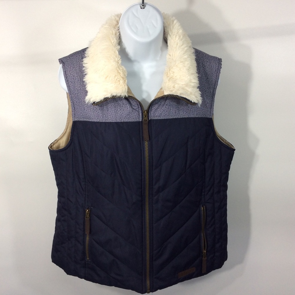 G.H. Bass Large Vest Full Zip Pockets Faux Fur Collar